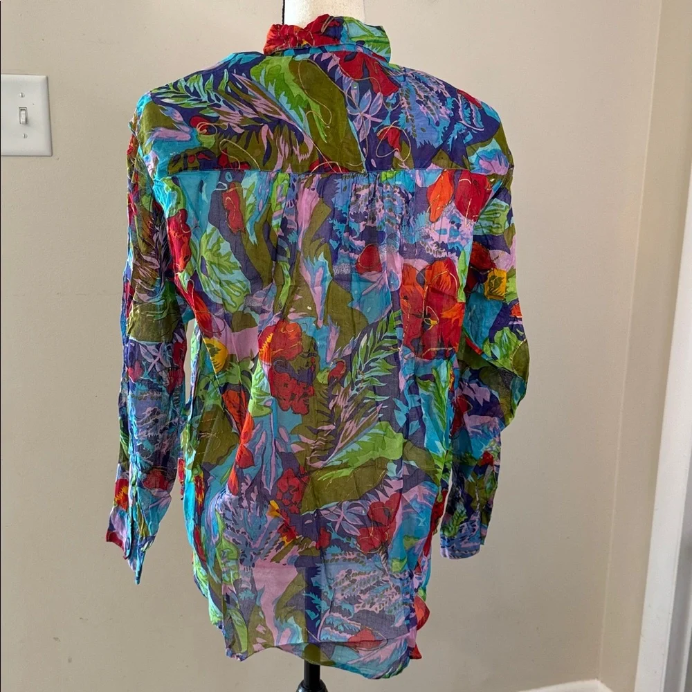 Intense vibrant floral Patterned crinkle blouse semi sheer long sleeves SZ Med - Picture 2 of 8